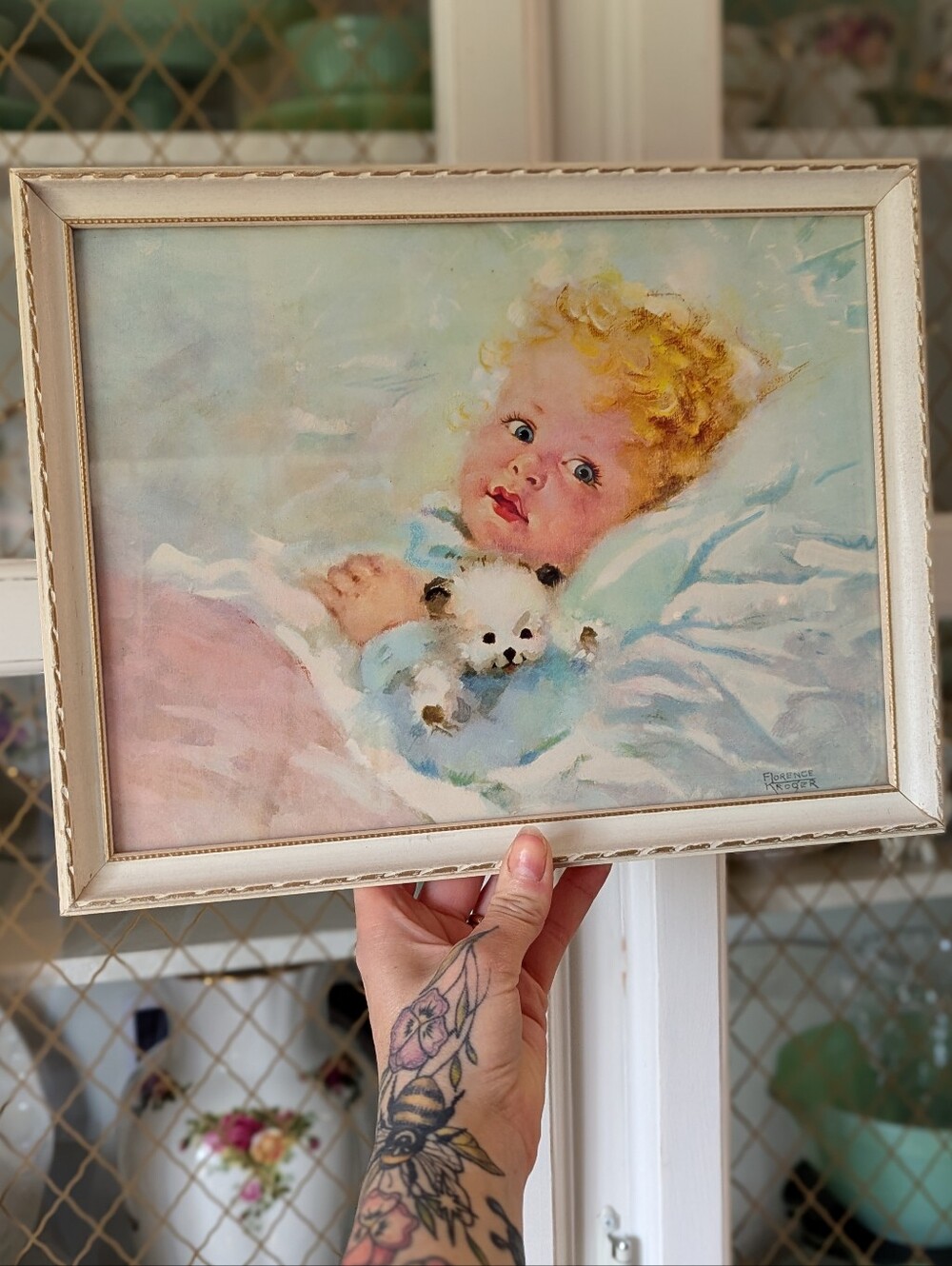 🩵VTG Mid Century Blue Eyed Baby Portrait Painting Print Pastel Nursery Decor